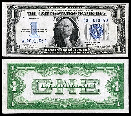 Jusque dans les années 30, les billets libellés en dollars étaient silver
                  certificate, ou gold certificate.
